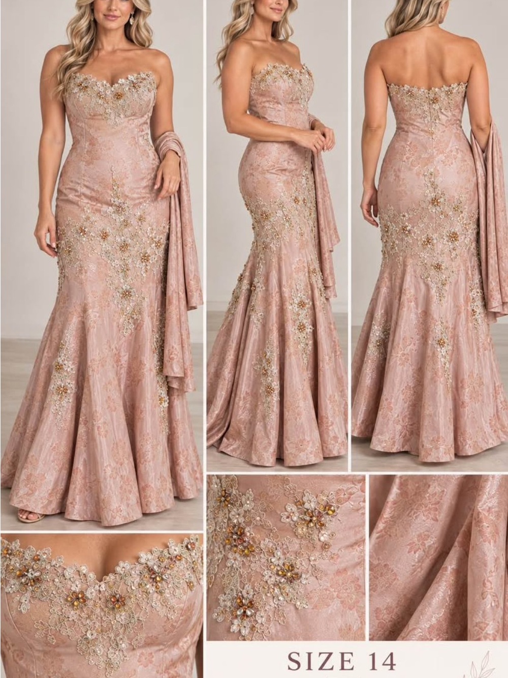 Strapless Embroidered Mermaid Evening Dress - Blush Pink